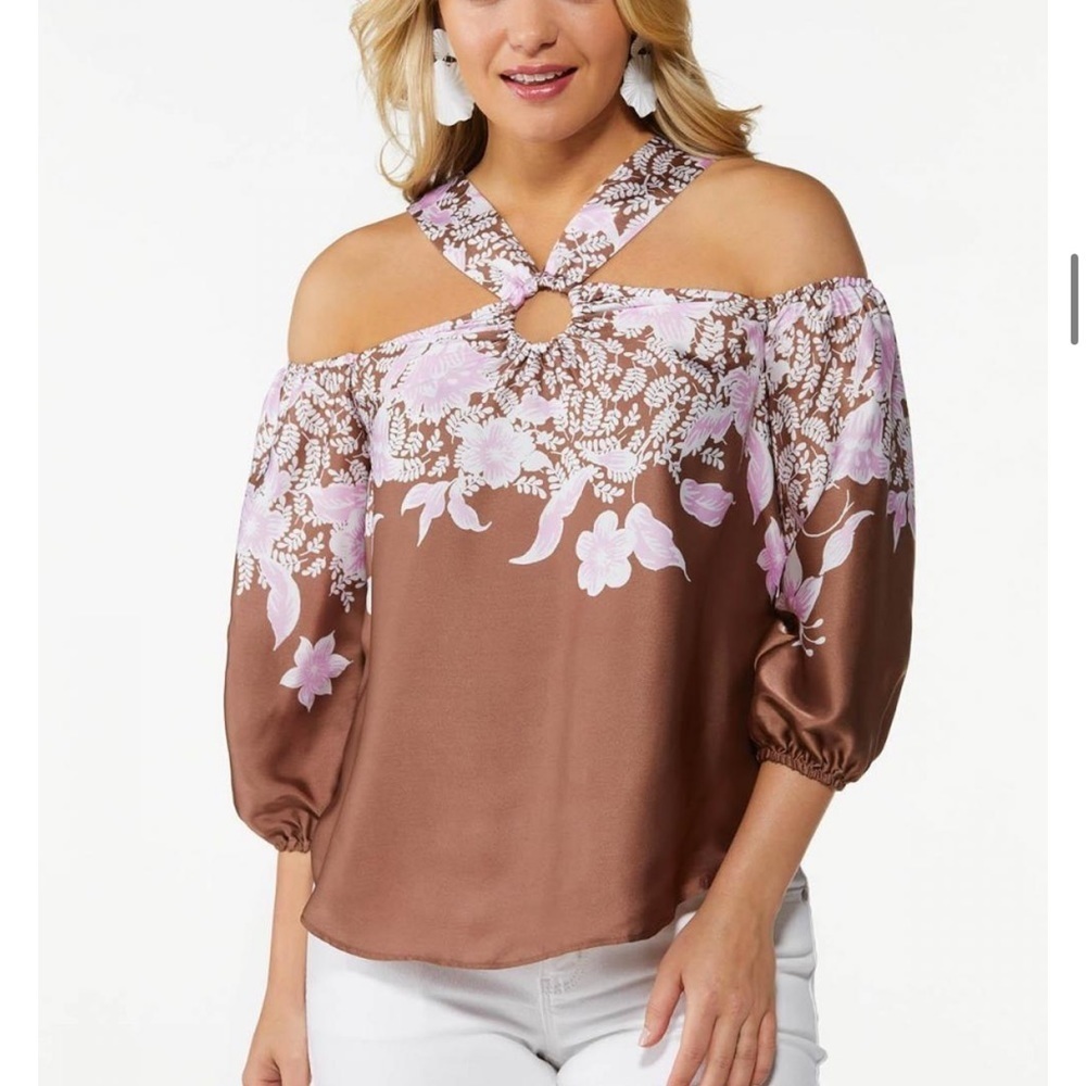 CATO WOMENS SILKY FLORAL HALTER TOP ACORN